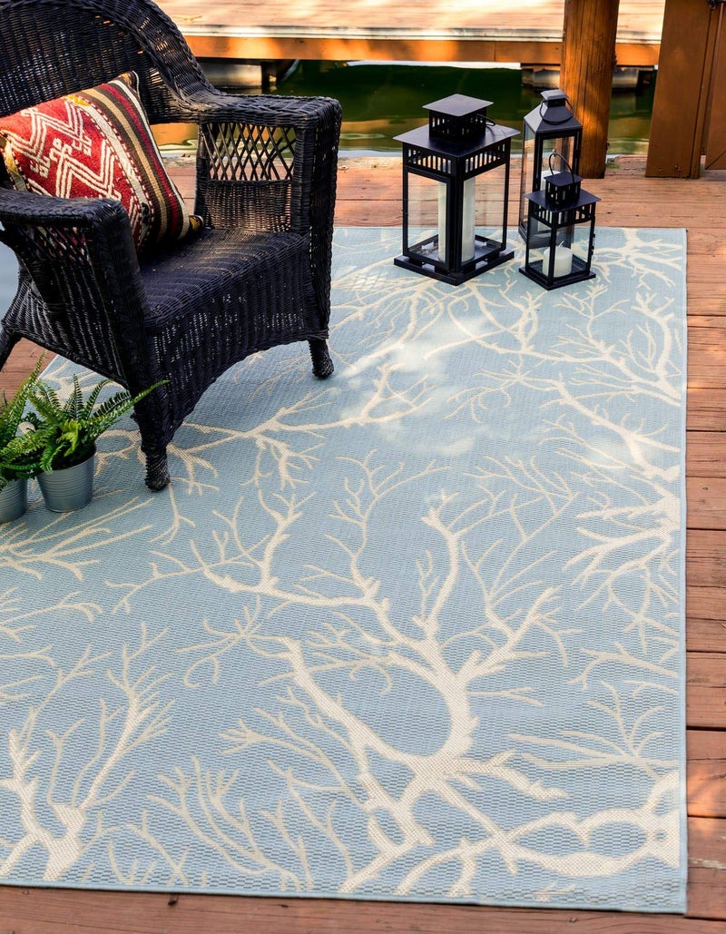 Unique Loom Outdoor Botanical Collection Area Rug - Branch (5' 1" x 8' Rectangle, Light Blue/ Beige) - Image 1