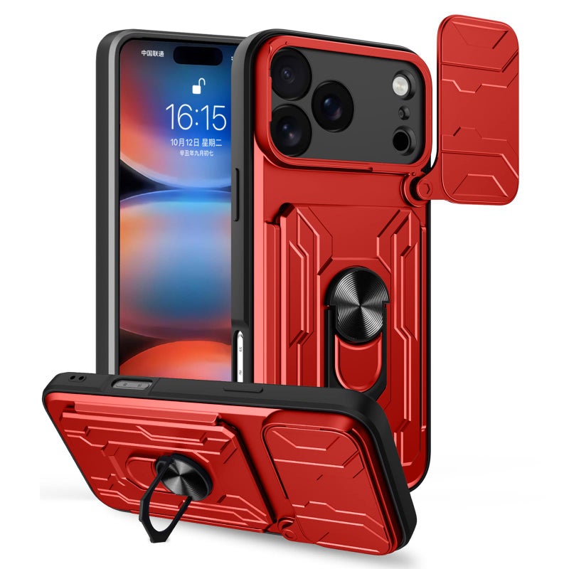 erorex For iPhone 17 Pro Max Sliding Camshield TPU+PC Phone Case with Card Slot(Red) - Image 1