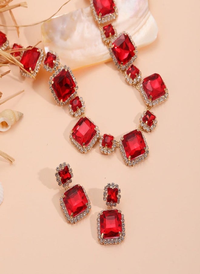 Chargances 3pcs Square Crystal Jewelry Set Sparkly Rhinestone Necklace Geometric Dangle Stud Earrings Wedding Statement Jewelry for Women Brides (Red) - Image 4