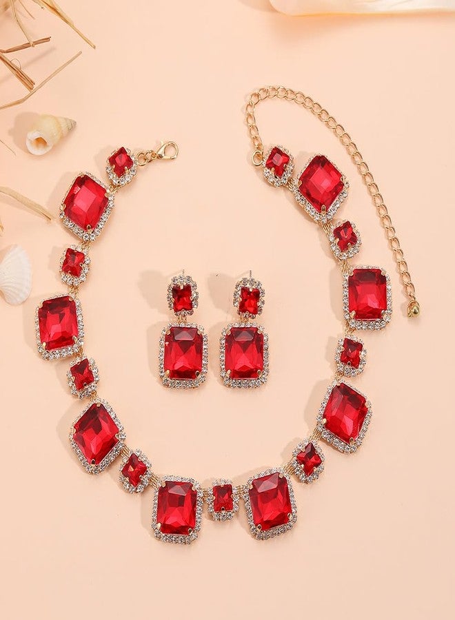 Chargances 3pcs Square Crystal Jewelry Set Sparkly Rhinestone Necklace Geometric Dangle Stud Earrings Wedding Statement Jewelry for Women Brides (Red) - Image 3