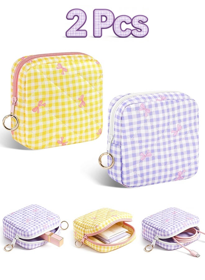 MXN 2 Pcs Cute Gingham Bow Sanitary Napkin Storage Bag Portable Sanitary Pad Storage Pouch - Small Zipper Cosmetic Purse for Tampons, Lipstick, Earplugs, Travel & Daily Use (Yellow + Purple) - Image 1