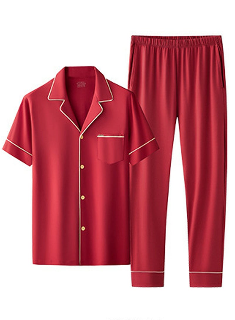 Loquat Women's Comfortable 2-Piece Set Nightgown Sleepwear Short Sleeve Lapel Top And Pants Soft Loungewear Pajamas Suit Red