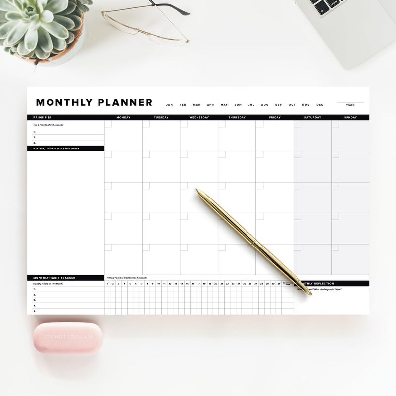 ThreeKin Collective ThreeKin Onyx Monthly Planner - Premium 18-Sheet Tear-Off Notepad, 12 x 18 inches, Clean Design, Perfect for Work, School, Projects, and Entrepreneurs, Female & USA Owned Business - Image 1