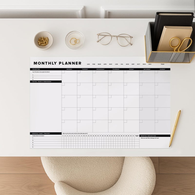 ThreeKin Collective ThreeKin Onyx Monthly Planner - Premium 18-Sheet Tear-Off Notepad, 12 x 18 inches, Clean Design, Perfect for Work, School, Projects, and Entrepreneurs, Female & USA Owned Business - Image 4