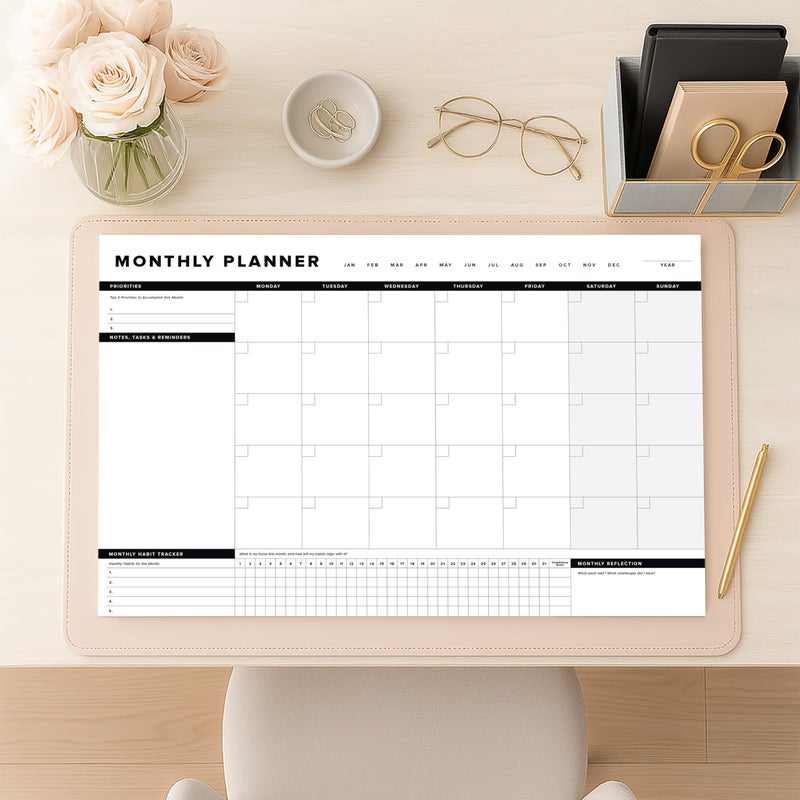 ThreeKin Collective ThreeKin Onyx Monthly Planner - Premium 18-Sheet Tear-Off Notepad, 12 x 18 inches, Clean Design, Perfect for Work, School, Projects, and Entrepreneurs, Female & USA Owned Business - Image 5