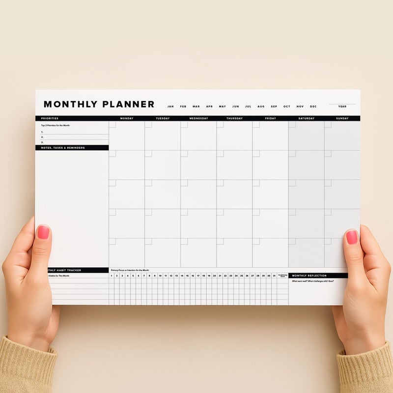 ThreeKin Collective ThreeKin Onyx Monthly Planner - Premium 18-Sheet Tear-Off Notepad, 12 x 18 inches, Clean Design, Perfect for Work, School, Projects, and Entrepreneurs, Female & USA Owned Business - Image 2