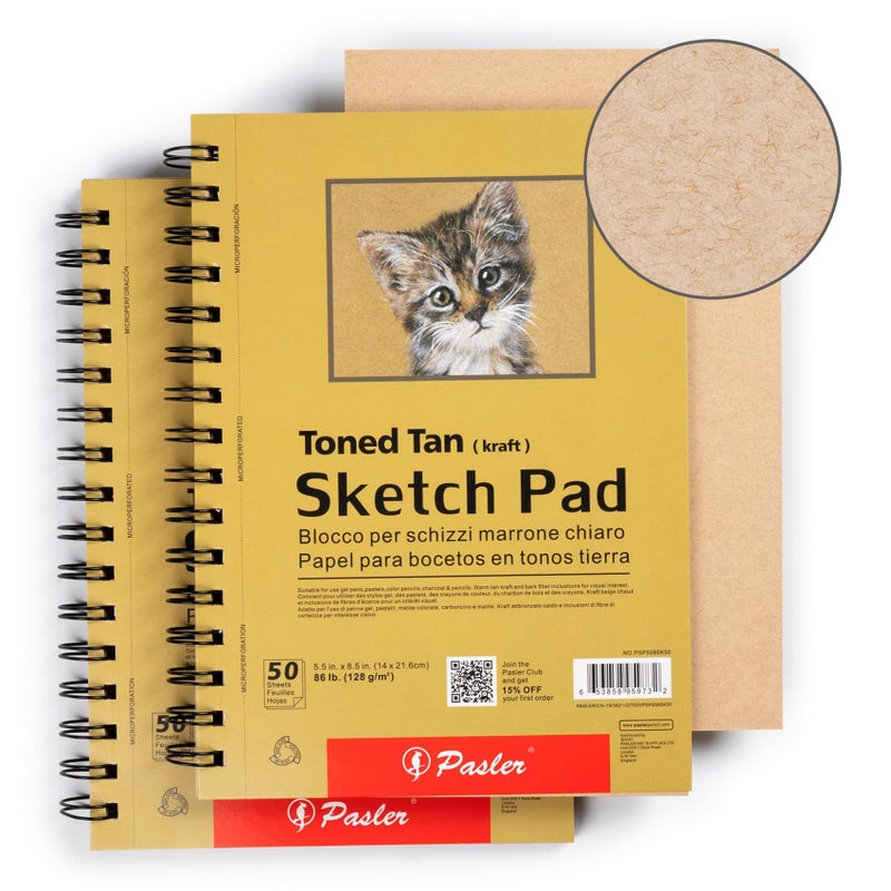 Pasler 55X85 Toned tan Sketch Pad 2 Pack100 Sheets 86lb128gsm Spiral Bound Artist Sketch Book Acid Free Drawing Paper 2 Pack
