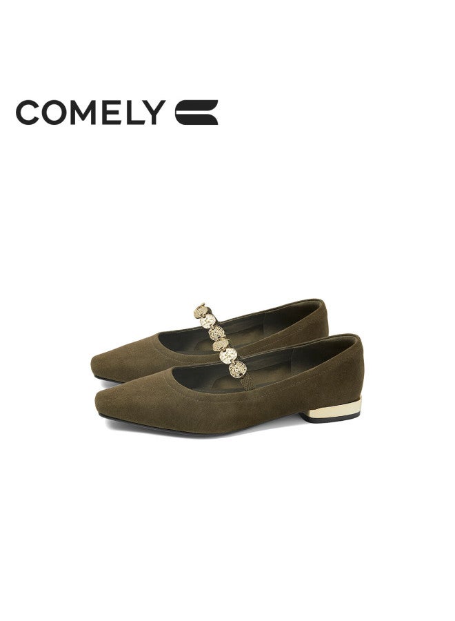 Comely Low-heeled Mary Jane Shoes For Women 25 Years Spring Retro Gold Coin Square Toe Multi-treasure Sheepskin Velvet Shoes, Dark Green, Size 38 - Image 1