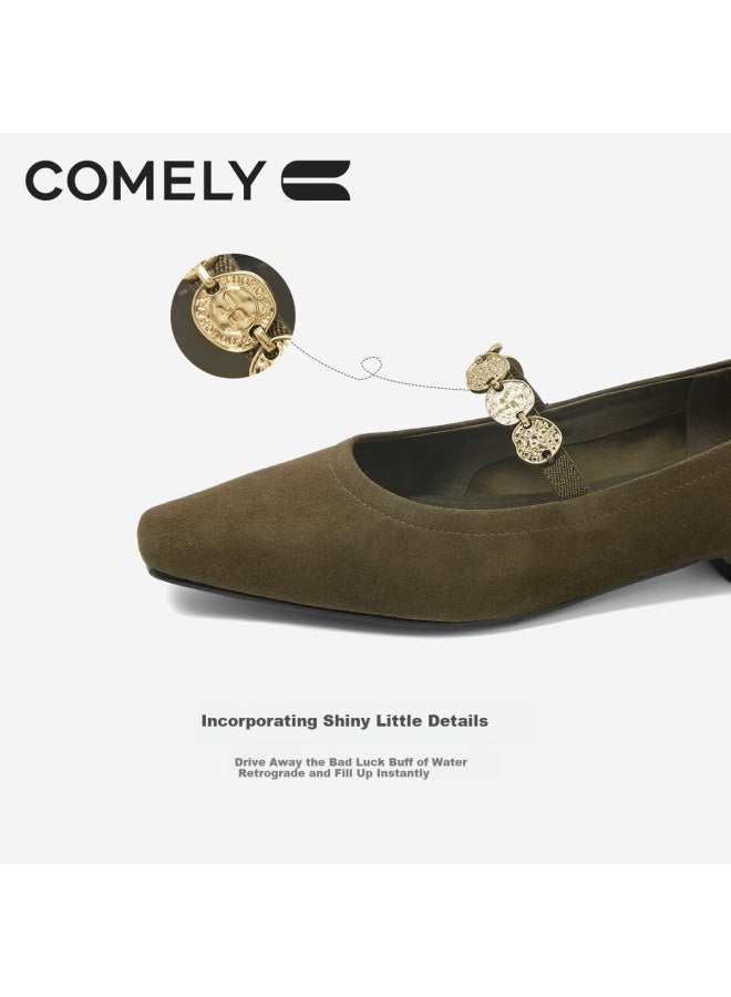 Comely Low-heeled Mary Jane Shoes For Women 25 Years Spring Retro Gold Coin Square Toe Multi-treasure Sheepskin Velvet Shoes, Dark Green, Size 38 - Image 4