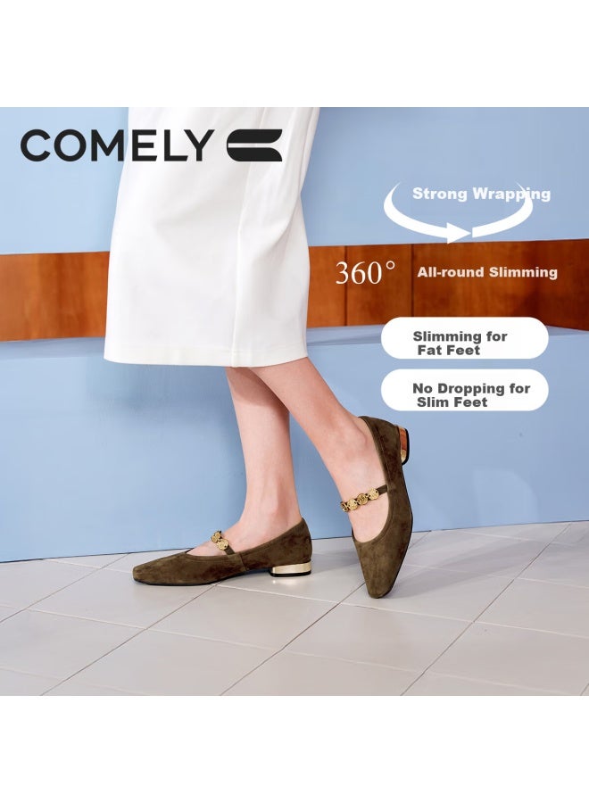 Comely Low-heeled Mary Jane Shoes For Women 25 Years Spring Retro Gold Coin Square Toe Multi-treasure Sheepskin Velvet Shoes, Dark Green, Size 38 - Image 2