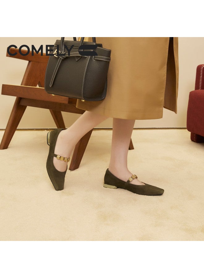 Comely Low-heeled Mary Jane Shoes For Women 25 Years Spring Retro Gold Coin Square Toe Multi-treasure Sheepskin Velvet Shoes, Dark Green, Size 38 - Image 5