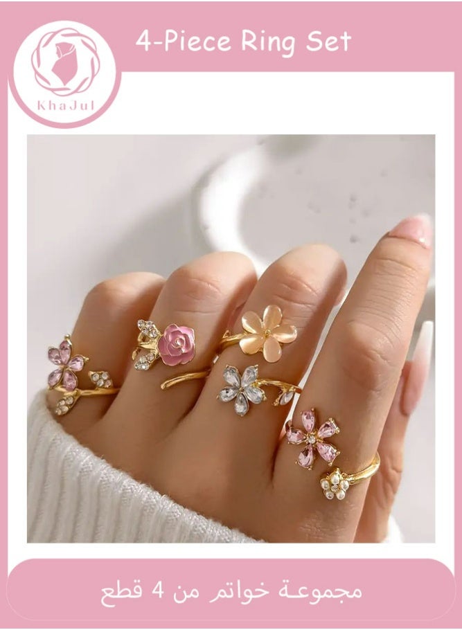 KHAJUL 4 PCS Set of Alloy Water Artificial Pearl Glazed Layered Rings, Fashionable Elegant Floral Pink Series, Water Artificial Pearl Flower Wedding - Image 1