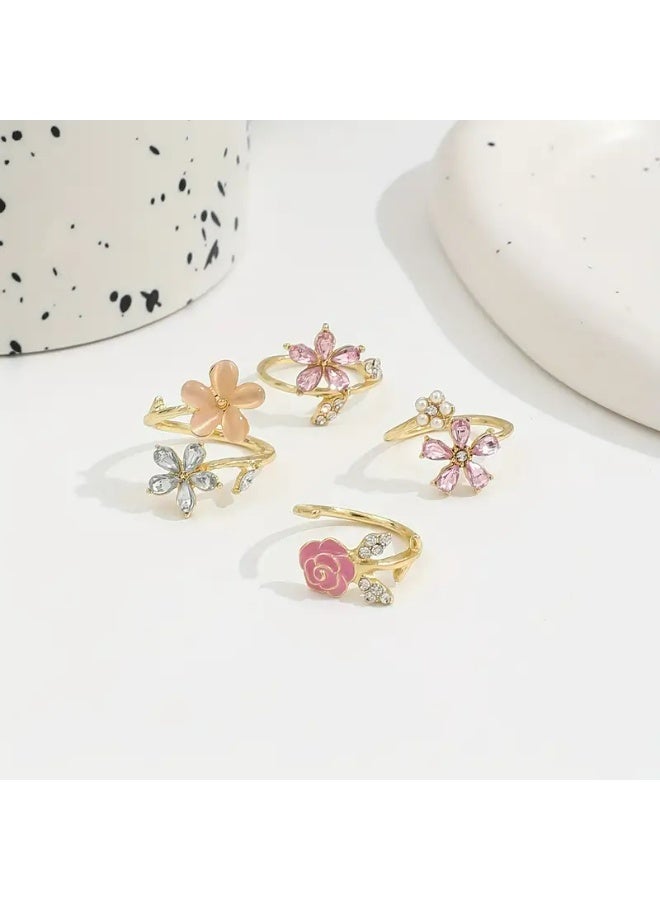 KHAJUL 4 PCS Set of Alloy Water Artificial Pearl Glazed Layered Rings, Fashionable Elegant Floral Pink Series, Water Artificial Pearl Flower Wedding - Image 3