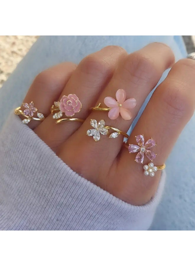 KHAJUL 4 PCS Set of Alloy Water Artificial Pearl Glazed Layered Rings, Fashionable Elegant Floral Pink Series, Water Artificial Pearl Flower Wedding - Image 4