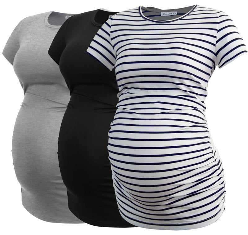 Smallshow Women's Maternity Shirt Side Ruched Tunic Pregnancy Top Clothes 3-Pack Black/Light Grey/White Stripe Large