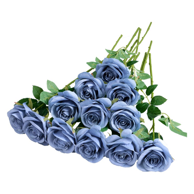 Helera 12pcs Rose Artificial Flowers Fake Roses Dusty Blue Silk Roses Blue Silk Flowers Rose with Long Stems for Wedding Home Party Centerpieces Decorations
