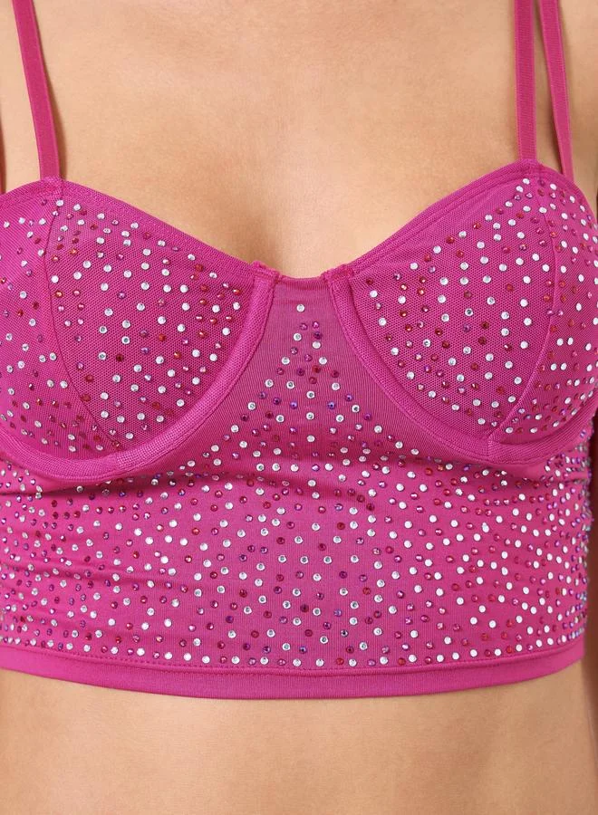 Take Two Solid Double Shoulder Straps Embellished Rhinestone Detail Wired Bra