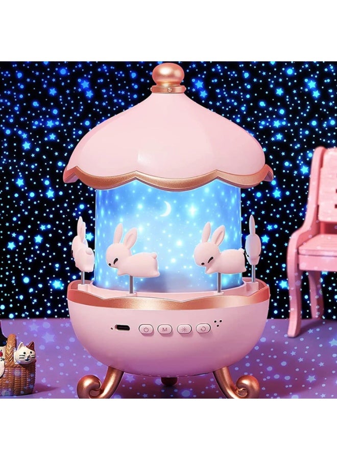 Dream Pink Bunny Carousel Rotating Star Projector Night Light for Kids - Image 1