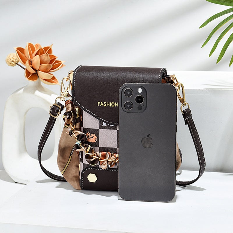 Plaid Printed Silk Scarf Mobile Phone Bag Chain Shoulder Popular Crossbody Bag Vertical Small Square Bag High-End Mini Mobile Phone Bag - Image 4