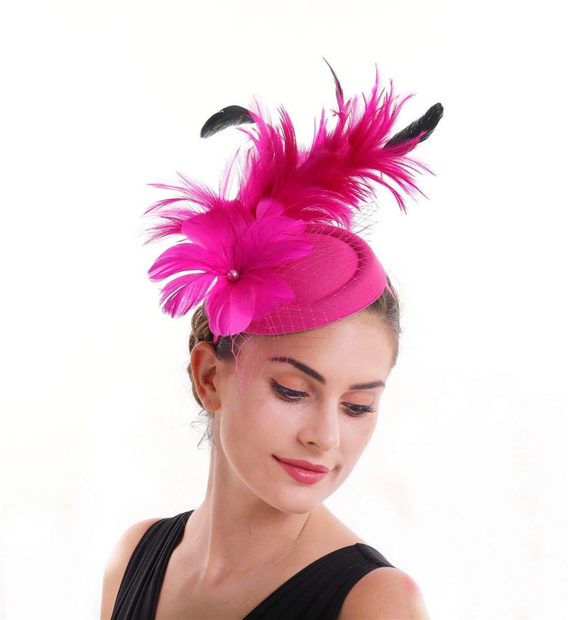 SAFERIN Fascinators Hat Flower Pillbox Feather Mesh Kentucky Derby Tea Party Headwear for Women (c1-Fuchsia Feather) - Image 4