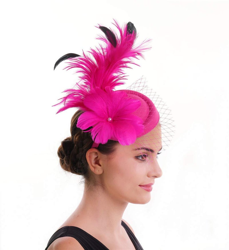 SAFERIN Fascinators Hat Flower Pillbox Feather Mesh Kentucky Derby Tea Party Headwear for Women (c1-Fuchsia Feather) - Image 3