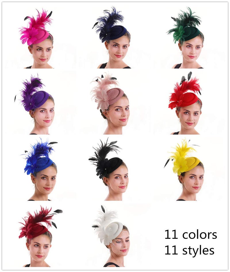 SAFERIN Fascinators Hat Flower Pillbox Feather Mesh Kentucky Derby Tea Party Headwear for Women (c1-Fuchsia Feather) - Image 2
