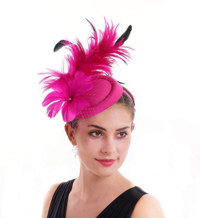 SAFERIN Fascinators Hat Flower Pillbox Feather Mesh Kentucky Derby Tea Party Headwear for Women (c1-Fuchsia Feather) - Image 1