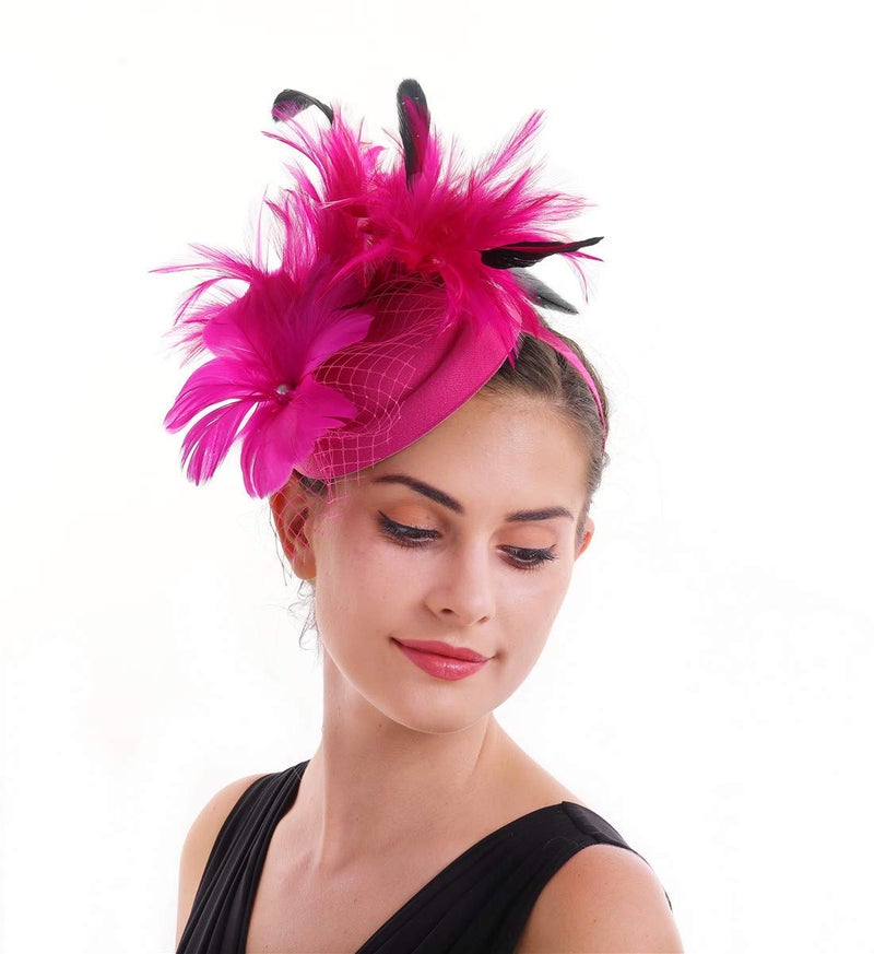 SAFERIN Fascinators Hat Flower Pillbox Feather Mesh Kentucky Derby Tea Party Headwear for Women (c1-Fuchsia Feather) - Image 5