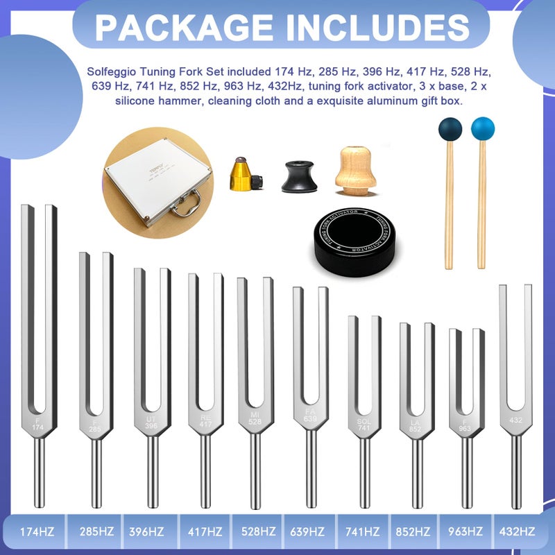 TENFLY Solfeggio Tuning Fork Set - 10 Silver Tuning Forks Perfect for DNA Healing with Exquisite Aluminum Gift Box (174 Hz, 285 Hz, 396 Hz, 417 Hz, 432Hz, 528 Hz, 639 Hz, 741 Hz 852 Hz, 963 Hz) - Image 2