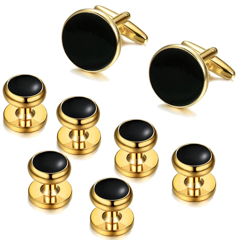 ORAZIO Cuff Links Mens Stainless Steel Cuff Links and Studs Set Gold Black Cufflinks for Men Tuxedo Studs Buttons for Formal Kit Business or Wedding Shirts - Image 1