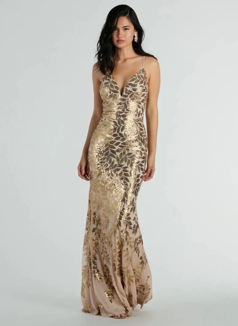 GEXUAN V - Champagne Neck Sequin Dress: Pattern Leaves, Spaghetti Straps, Maxi Mermaid - Image 1