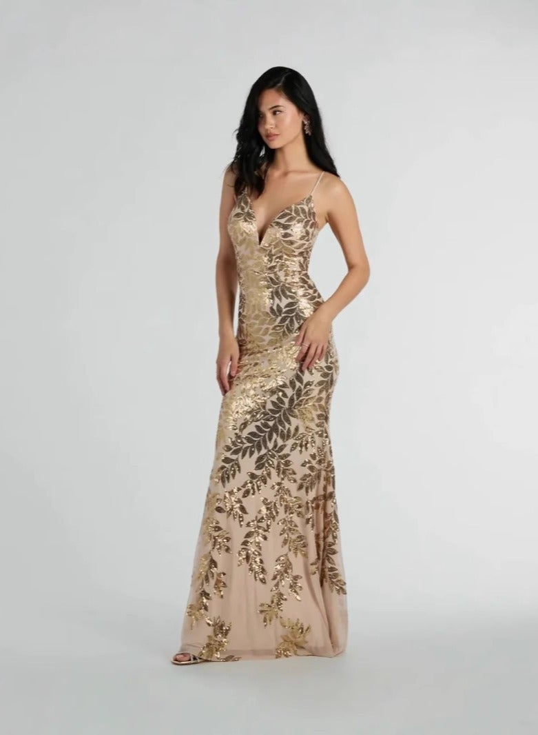 GEXUAN V - Champagne Neck Sequin Dress: Pattern Leaves, Spaghetti Straps, Maxi Mermaid - Image 2