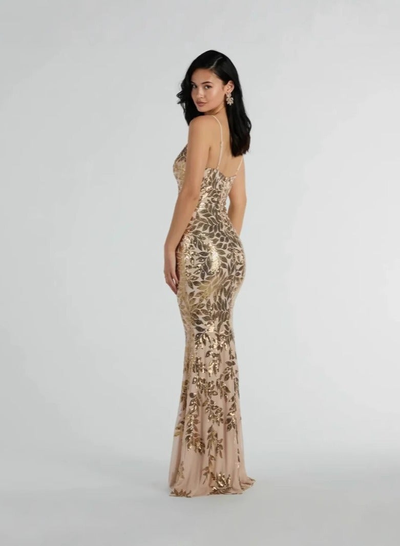 GEXUAN V - Champagne Neck Sequin Dress: Pattern Leaves, Spaghetti Straps, Maxi Mermaid - Image 3