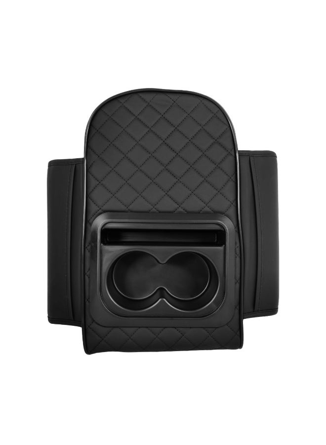 صندوق تخزين مسند الذراع المركزي للسيارة مع حامل أكواب مزدوج، مصنوع من جلد البولي يوريثان وإسفنج الذاكرة، منظم وحدة التحكم، سهل التركيب، مناسب لجميع أنواع السيارات السيدان وسيارات الدفع الرباعي والهاتشباك، يوفر مساحة تخزين إضافية، دعم مريح، ثابت، مضاد للاهتزاز، سهل التنظيف. - Image 1