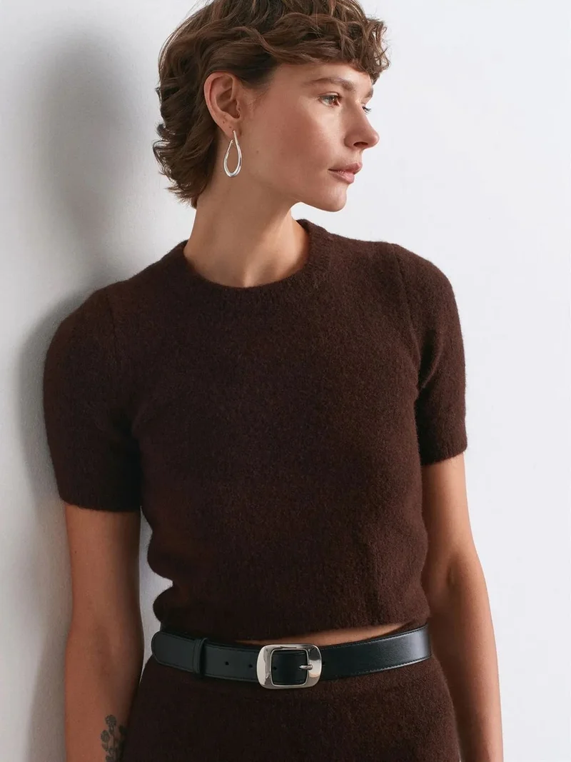 ديلفين DILVIN Women’s Ribbed Crew Neck Short-sleeve Sweater