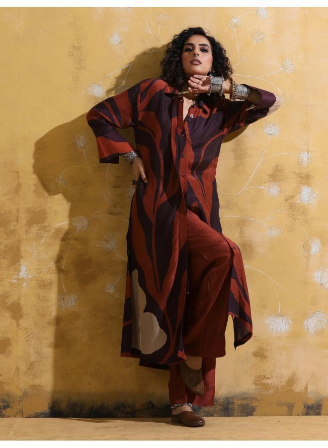 trueBrowns Cola Rust Red Floral Print Muslin Silk Straight Kurta Set - Image 1