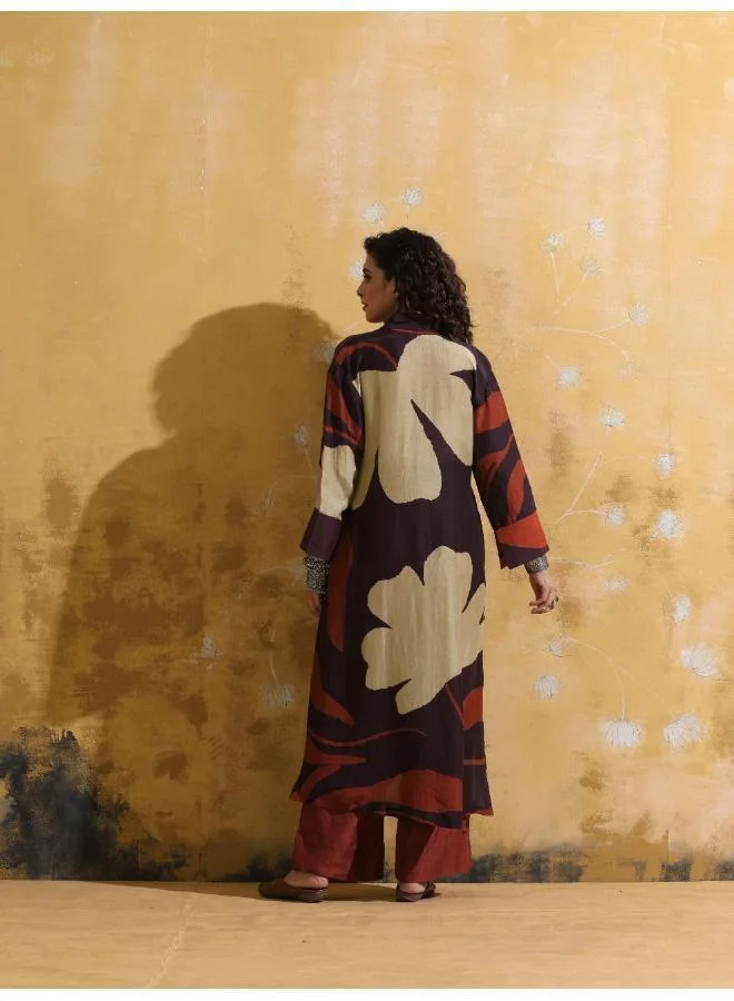 ترو برونز طقم كورتا حرير موسلين بطبعة زهور بلون بني كولا وصدئ أحمر