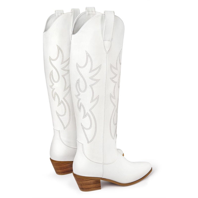 Ouepiano White Cowgirl Boots Women Cowboy Knee High Tall Boots Chunky Heel Pointed Toe Pull-On Western Wide Calf Boats Country Fashion (White, Size 8) - Image 5