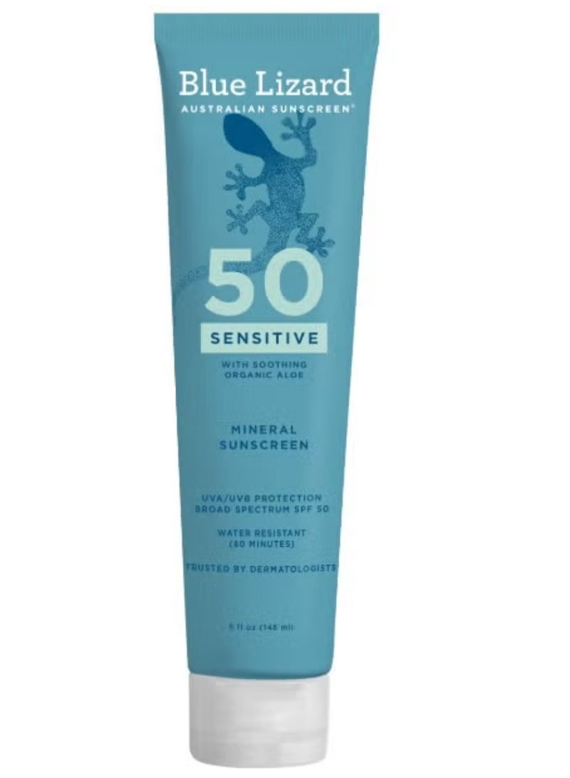 Blue Lizard Sensitive Mineral SPF 50 Sunscreen Lotion, 100% Mineral Sunscreen, UVA/UVB Protection, Infused with organic Aloe Vera, Soothes and Hydrates, 5 fl oz - Image 1