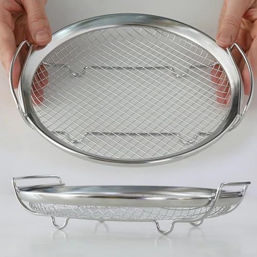 Kruvad Round Stainless Steel Oil Leakage Net Air Fryer Plate Noodle Strainer Chip Basket Rings Fries Rack Stainless Steel Deep Fry Mesh Plate Cooking Tool Fry Strainer French Cooking [ 24x22.5x4 CM ] - Image 3