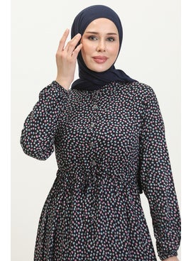 Sefa Merve Patterned Viscose Dress 0419-06 Navy Blue  - Image 4