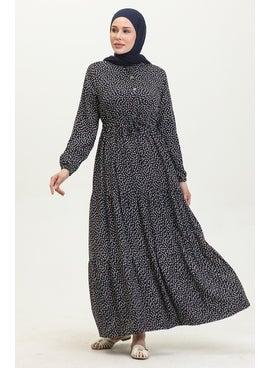 Sefa Merve Patterned Viscose Dress 0419-06 Navy Blue  - Image 1