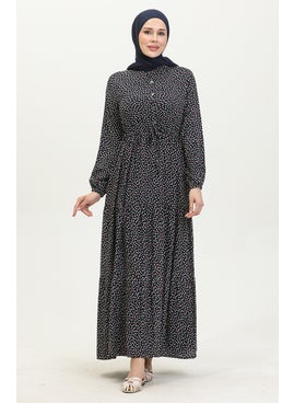 Sefa Merve Patterned Viscose Dress 0419-06 Navy Blue  - Image 3