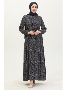 Sefa Merve Patterned Viscose Dress 0419-06 Navy Blue  - Image 2