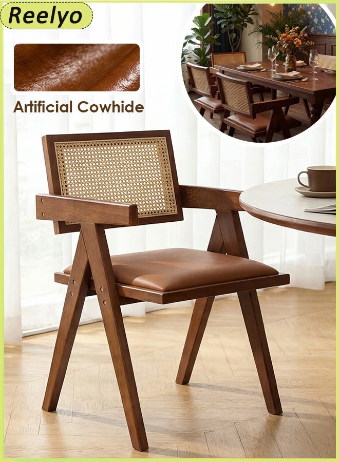 Reelyo Solid Wood Frame Armchair Multifunctional Accent Chair Rubberwood Artificial Cowhide Seat Cushion Mid Century Modern Style With High-Density Rebound Sponge Handcrafted Padded Back With Rattan Suitable For Home Office Living Room Dining Room Bedroom Reading Room Kitchen, Brown - Image 1