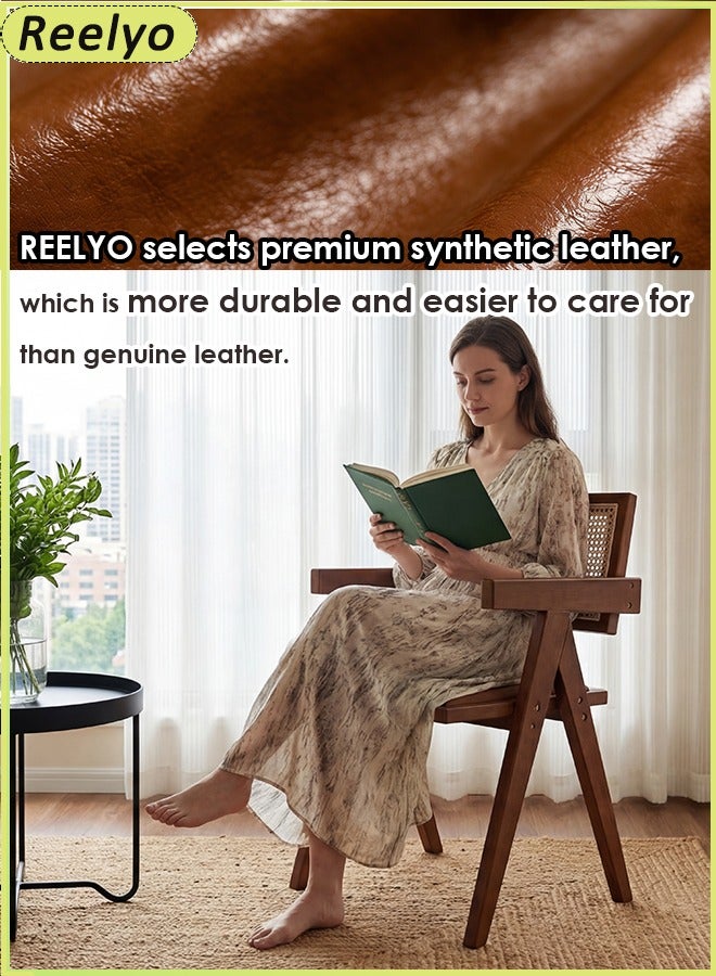 Reelyo Solid Wood Frame Armchair Multifunctional Accent Chair Rubberwood Artificial Cowhide Seat Cushion Mid Century Modern Style With High-Density Rebound Sponge Handcrafted Padded Back With Rattan Suitable For Home Office Living Room Dining Room Bedroom Reading Room Kitchen, Brown - Image 3