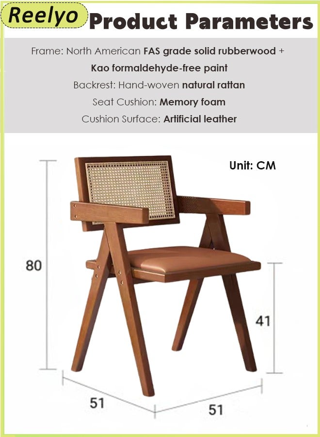 Reelyo Solid Wood Frame Armchair Multifunctional Accent Chair Rubberwood Artificial Cowhide Seat Cushion Mid Century Modern Style With High-Density Rebound Sponge Handcrafted Padded Back With Rattan Suitable For Home Office Living Room Dining Room Bedroom Reading Room Kitchen, Brown - Image 2