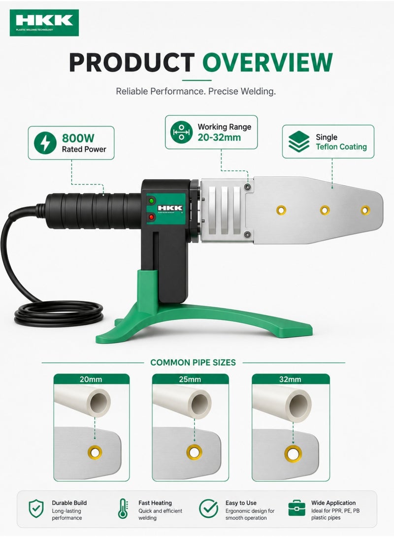 HKK Plastic Tube Welding Tool 800W, 20-32mm Pipe Welding Machine, 0-300℃ Temperature, 220V Electric PPR PB PE PEX Pipe Fusion Welder with Single Teflon Coating - Image 4