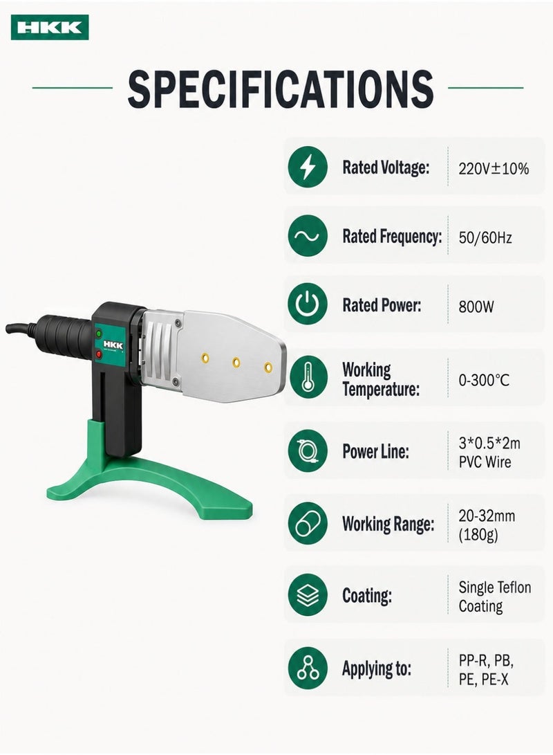 HKK Plastic Tube Welding Tool 800W, 20-32mm Pipe Welding Machine, 0-300℃ Temperature, 220V Electric PPR PB PE PEX Pipe Fusion Welder with Single Teflon Coating - Image 3