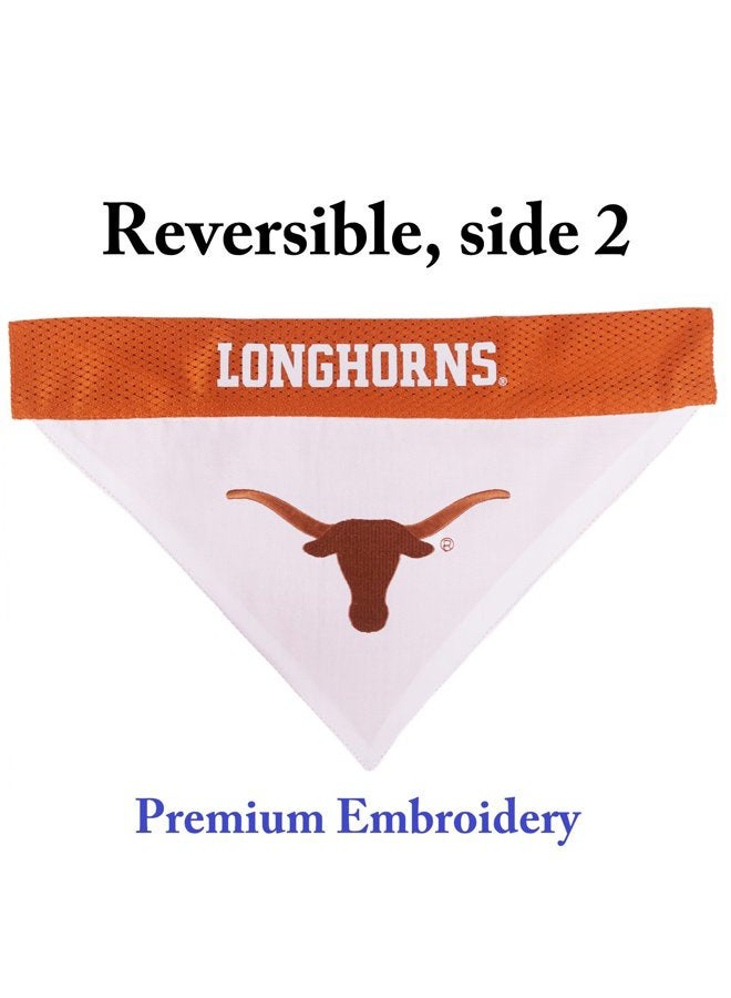 Pets First NCAA DOG BANDANA - TEXAS LONGHORNS REVERSIBLE BANDANA. 2 Sided Sports Bandana with a PREMIUM Embroidery TEAM LOGO, Small/Medium. - 2 Sizes & 50 COLLEGE Teams available - Image 2